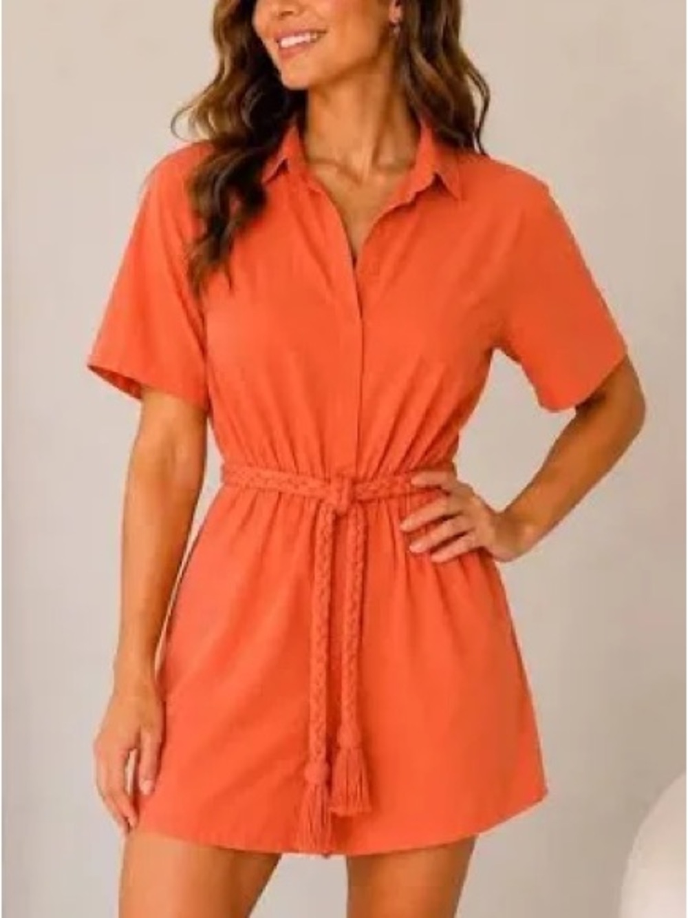 Heyson- Button-Front Orange Short-Sleeve Romper with Braided Rope Waist